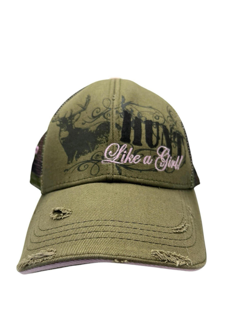 Buck Wear “Hunt Like A Girl” Half Mesh Adjustable Women’s Hat Pink Green Camo